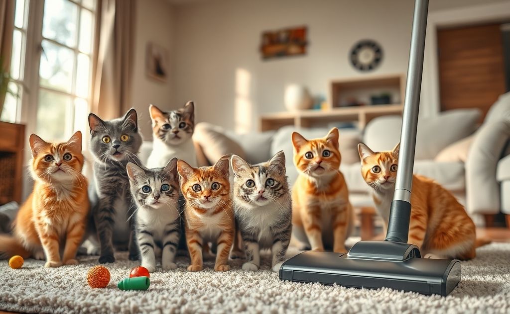 Cats' curious reactions to vacuum cleaners.