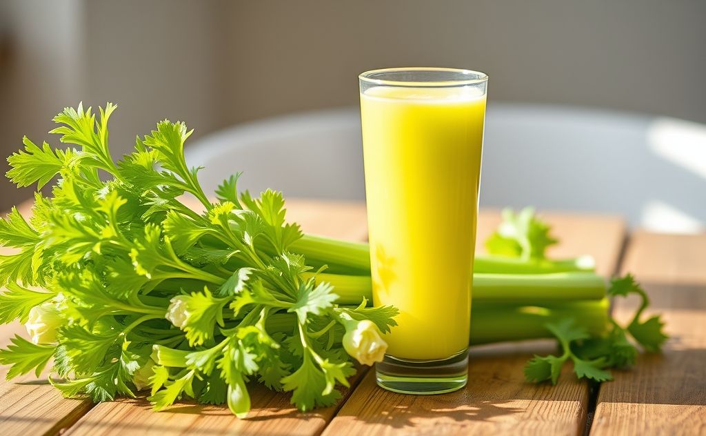 Celery bunch next to a 16 oz juice glass