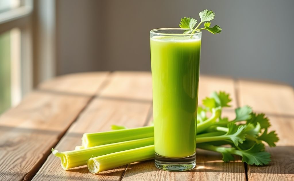 Celery juice in a glass with fresh celery stalks