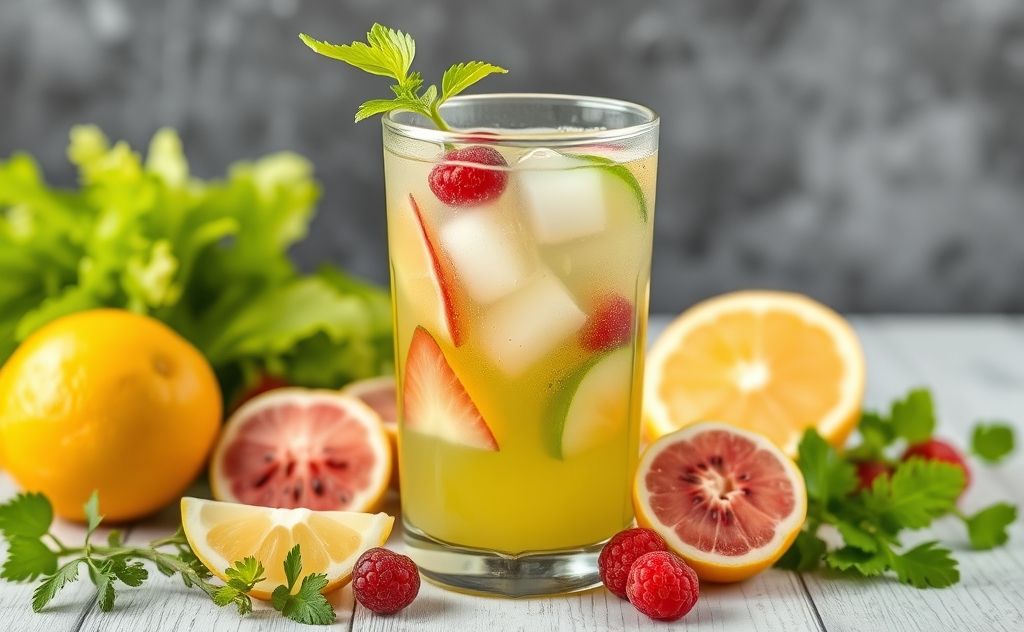 Celery juice with fresh fruits and herbs mix