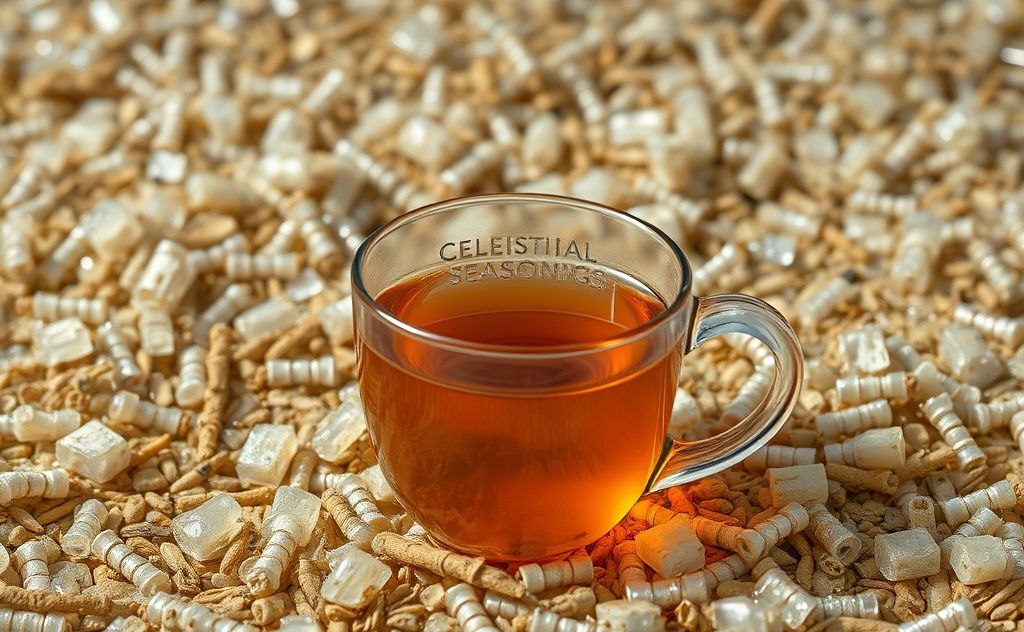Celestial Seasonings tea surrounded by microplastics