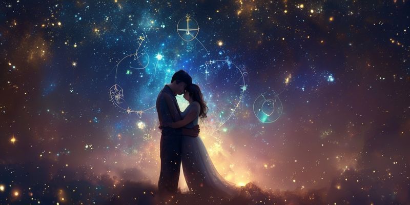 Göksel aşıklar yıldızlı gökyüzü altında kucaklaşıyor, astrolojik semboller iç içe geçmiş, uhrevi bir parıltı
