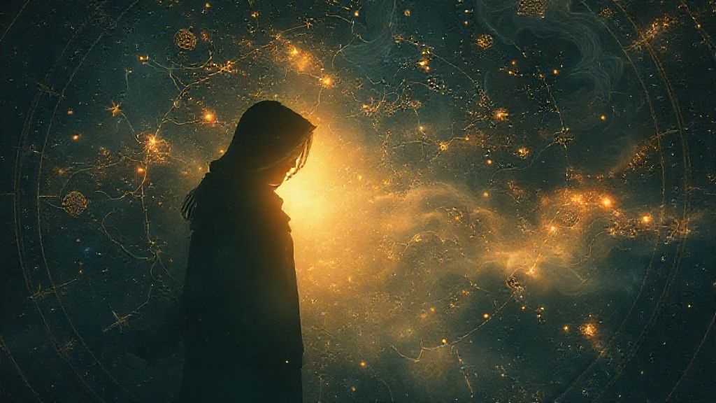 Celestial map, glowing constellations, interwoven with swirling cosmic dust. A lone, vulnerable figure partially veiled in shadow, illuminated by soft, ethereal light, embracing inner strength.