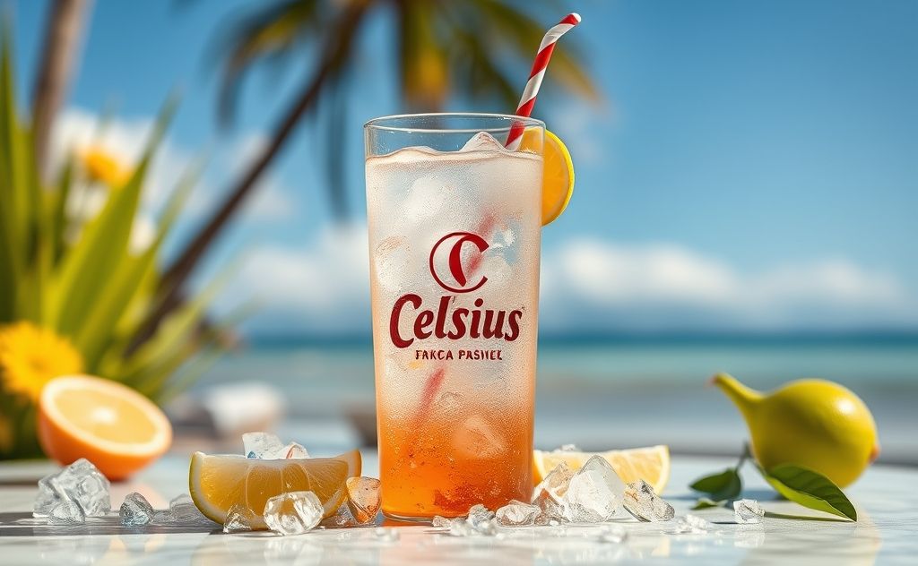 Celsius drink in a refreshing, vibrant setting