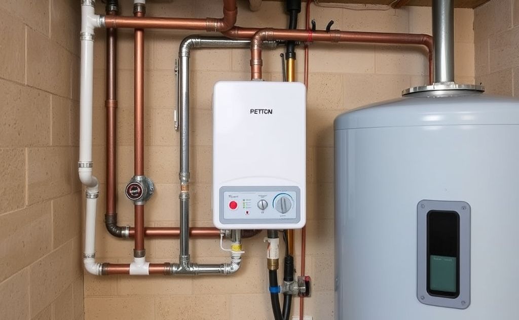Central hot water system with pipes and tank