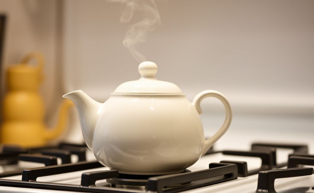 Ceramic teapot on stove with steam rising