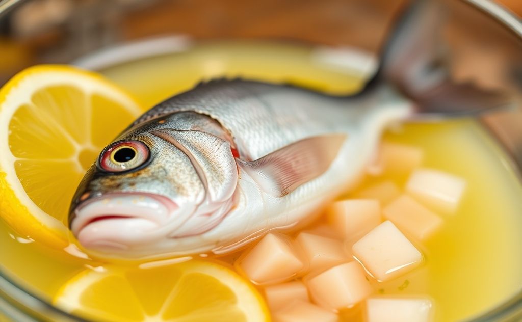 Ceviche fish soaking in lemon juice bowl