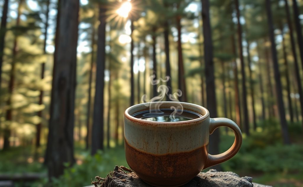 Chaga mushroom tea in a rustic cup with nature backdrop