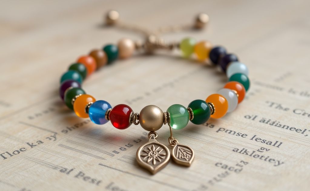 Chakra bracelet with colorful beads and energy symbols