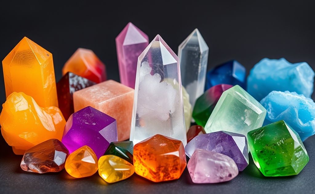 Chakra crystals arranged in a vibrant display