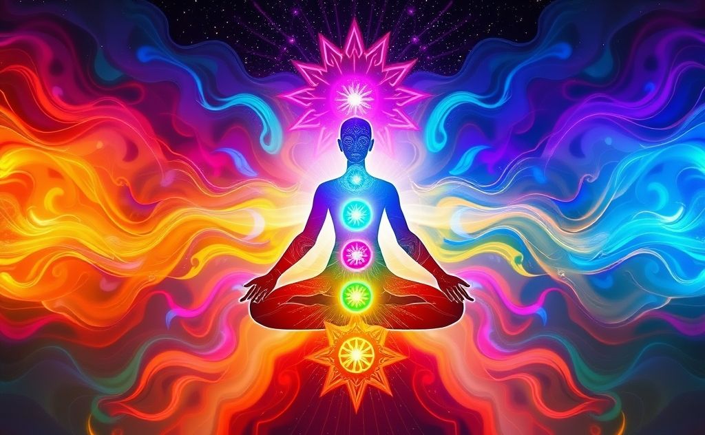Chakra energy flow in vibrant colors and symbols