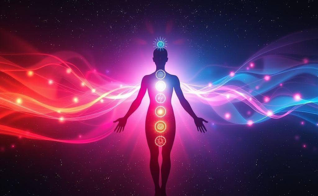 Chakra energy flow with vibrant colors and light