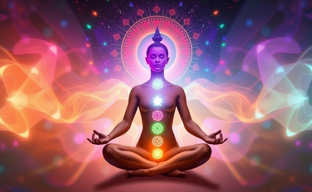 Chakra healer meditating with vibrant energy flow