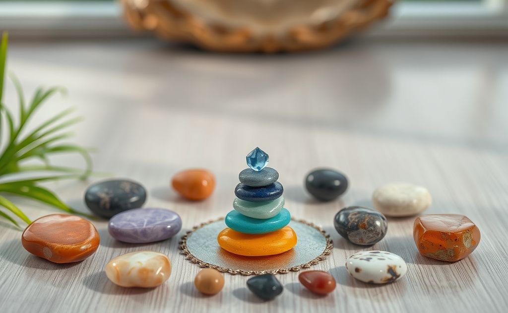 Chakra stones arranged in a serene meditation space
