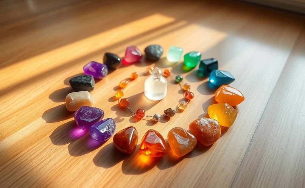 Chakra stones arranged in a vibrant circle