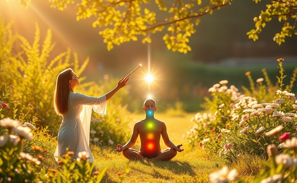 Chakra wand healing in a serene setting