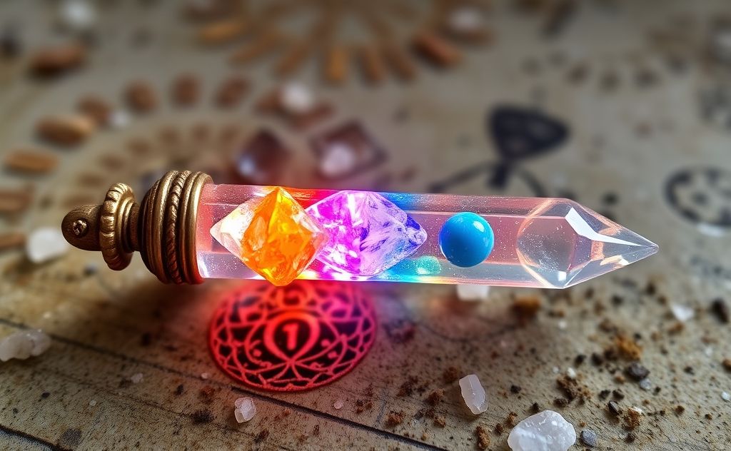 Chakra wand with vibrant energy and crystals