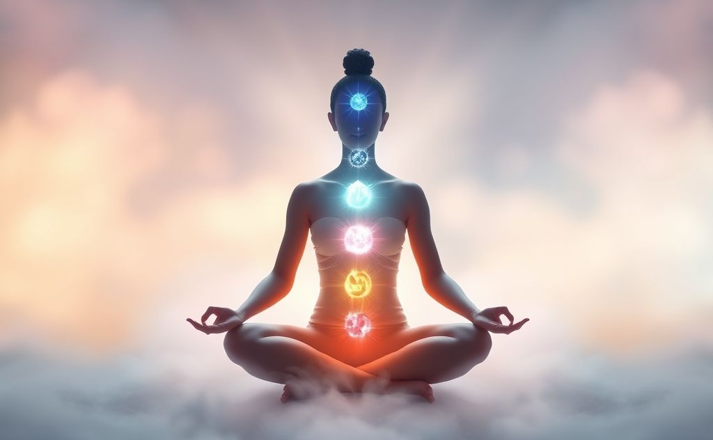 Chakras balanced with glowing crystals around them
