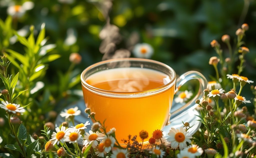 Chamomile tea in a serene herbal setting