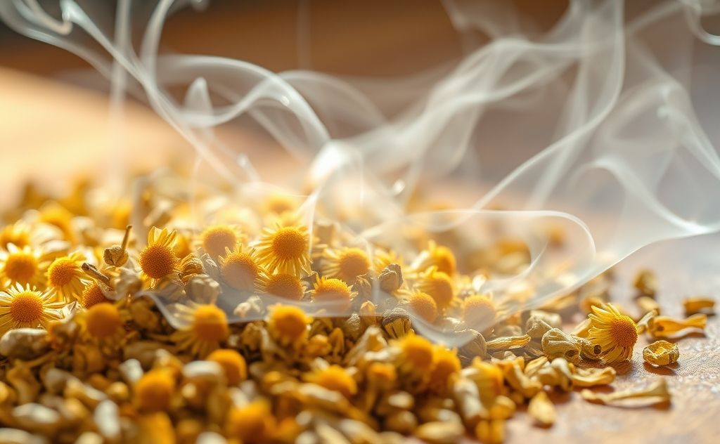 Chamomile tea leaves and smoke in a calming setting