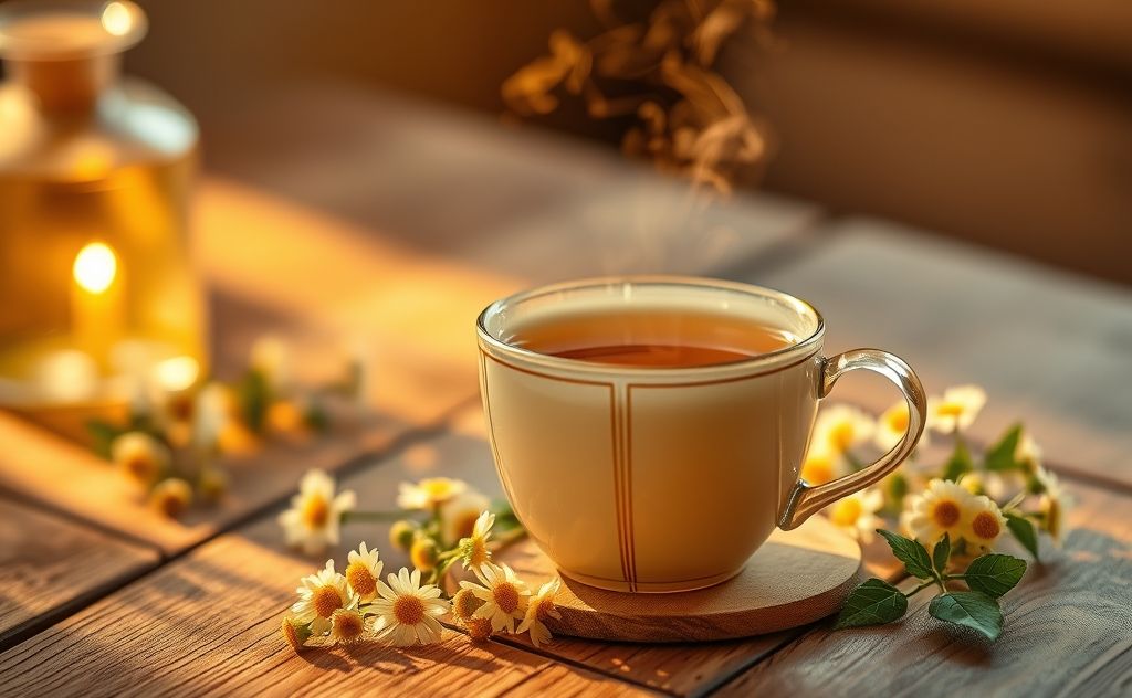 Chamomile tea with calming vibes and herbal warmth