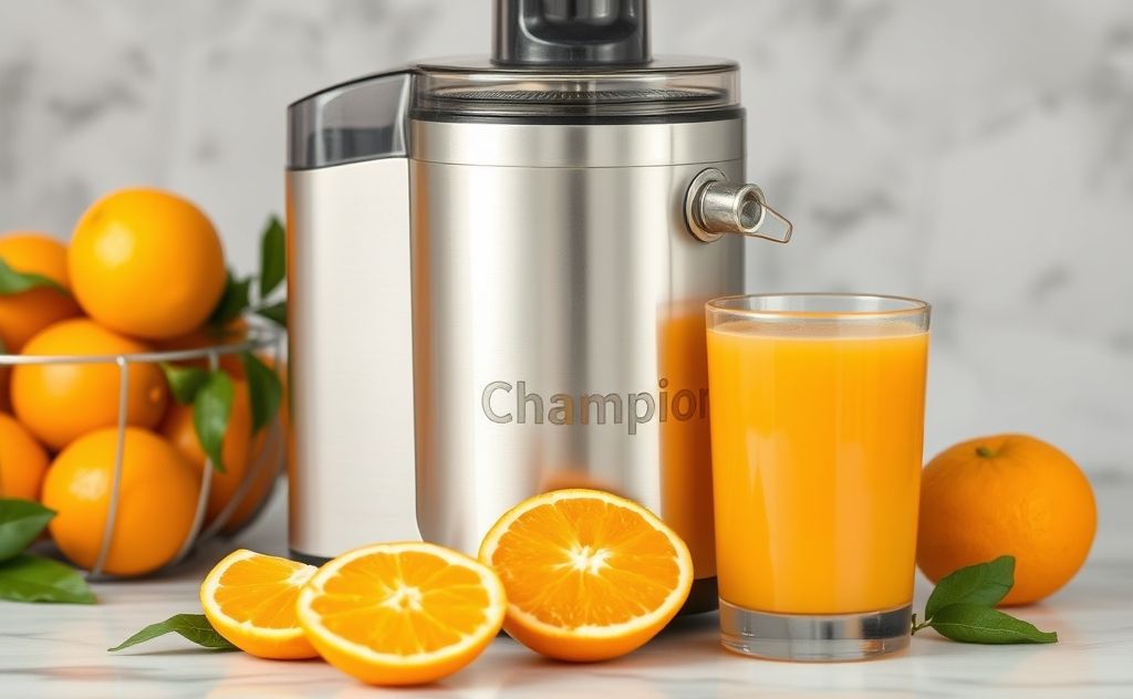 Champion juicer with fresh oranges and juice