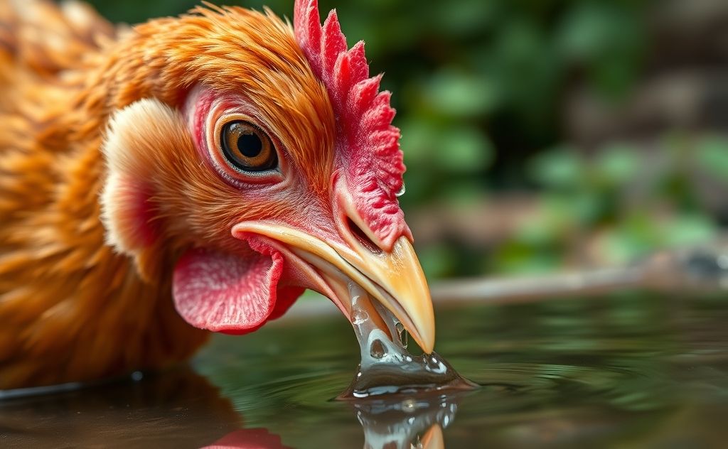 Chicken drinks water using beak and tongue