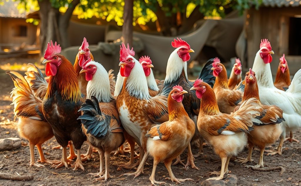 Chicken flock with roosters and hens together