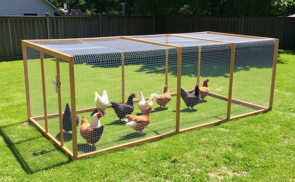 Chicken run size for 10 chickens in a sunny yard