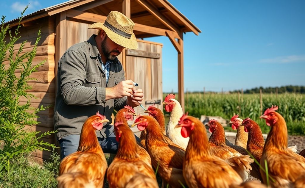 Chicken vaccination process with a farm backdrop