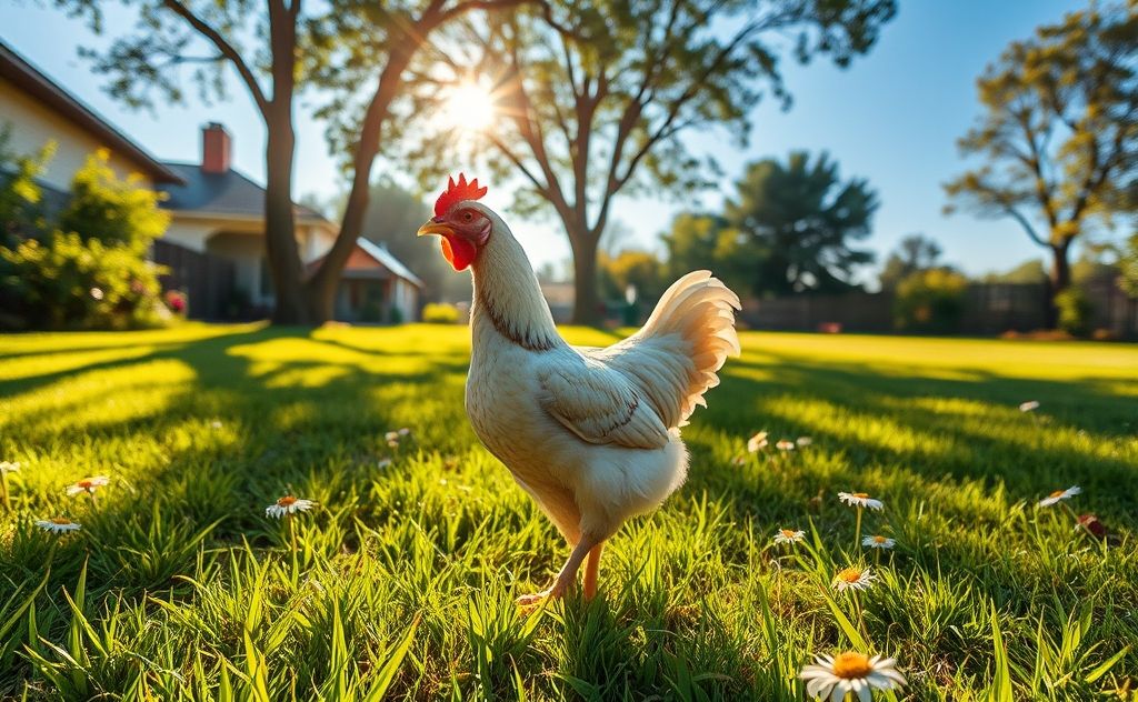 Chicken with drooping tail in a sunny yard