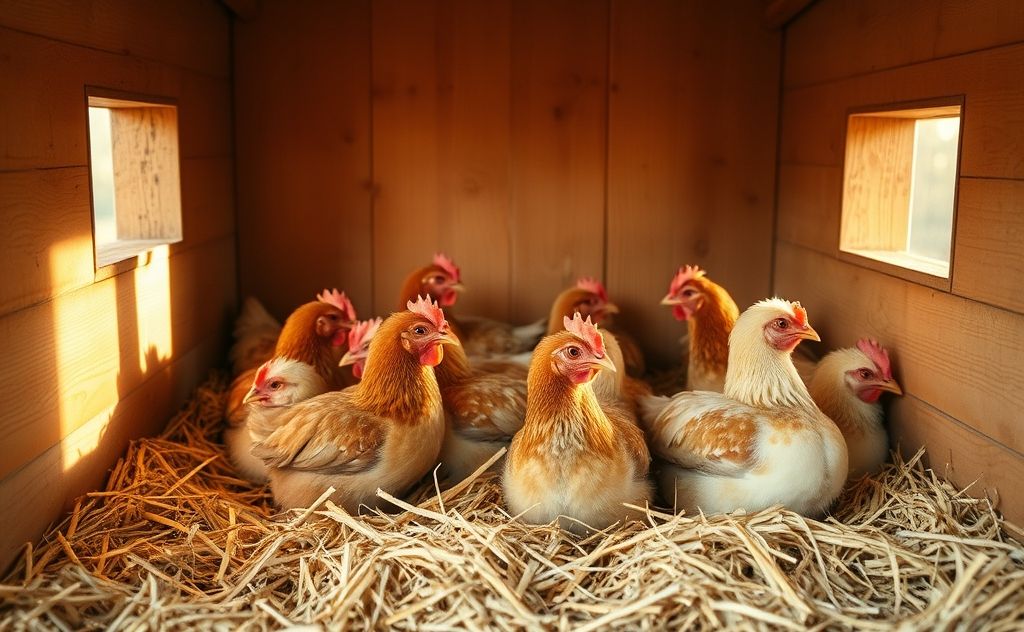 Chickens alone in a cozy coop for a day