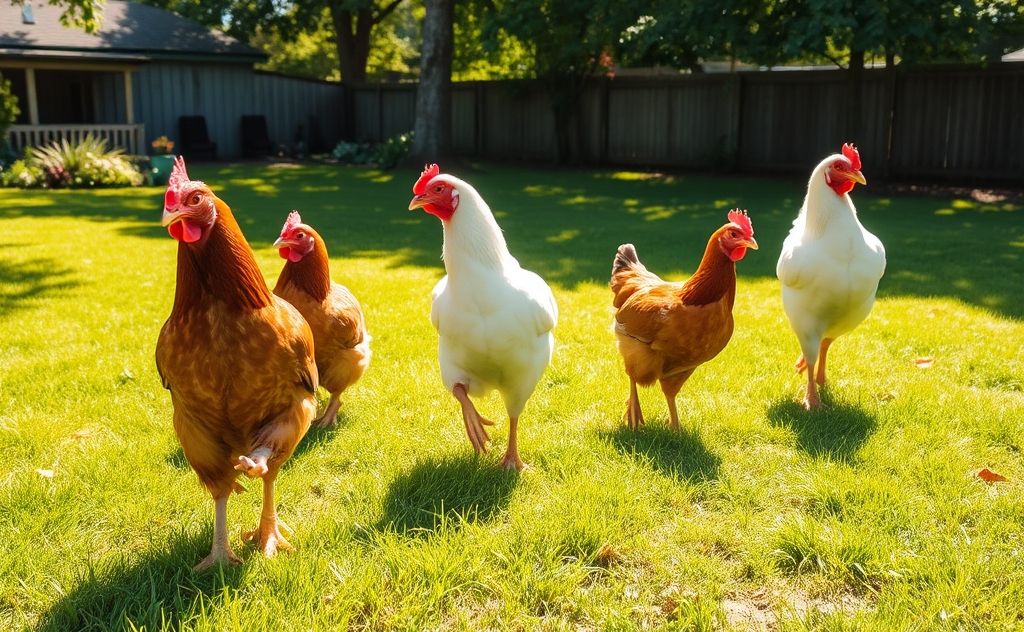 Chickens balancing on one leg in a sunny yard