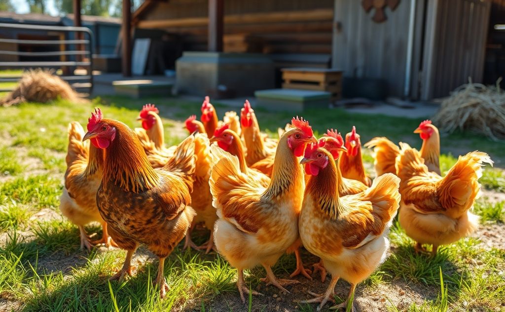 Chickens basking in the sun on a sunny day