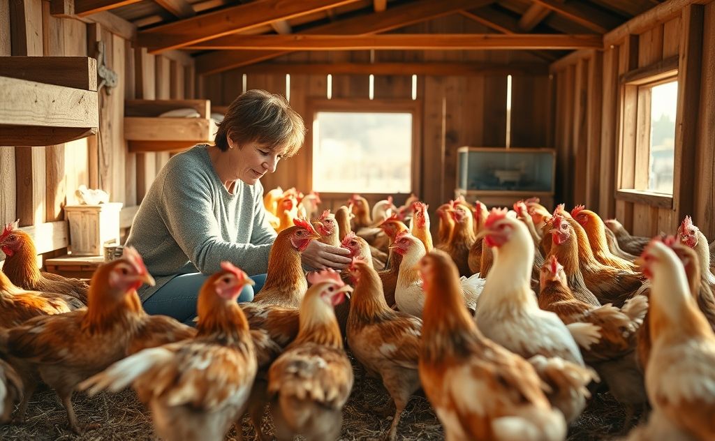 Chickens bonding with their caring owner in a coop