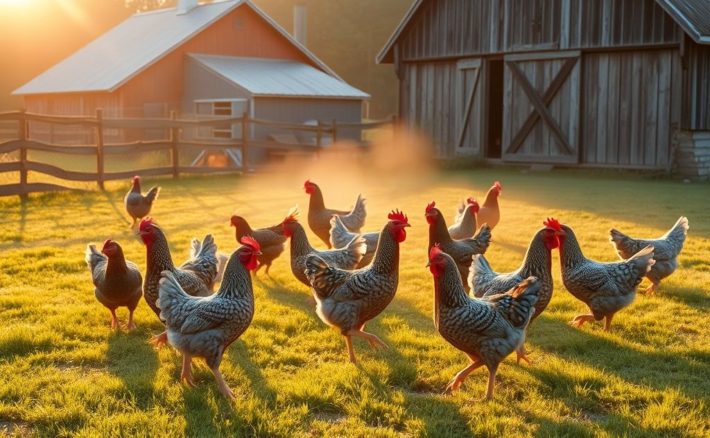 Chickens calling at dawn in a peaceful farm setting