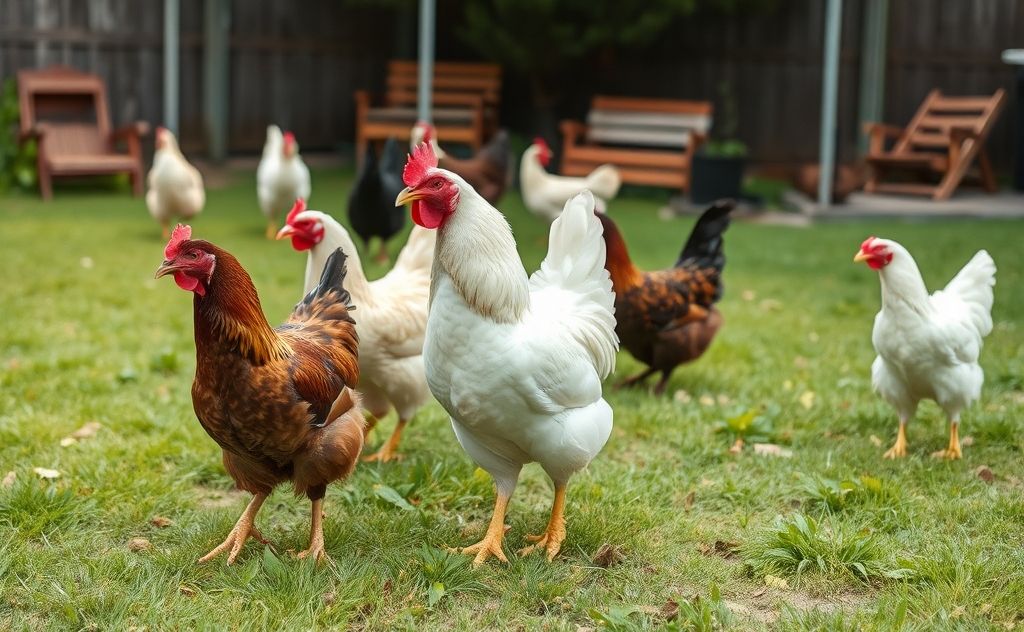 Chickens calmly roaming in a secure backyard