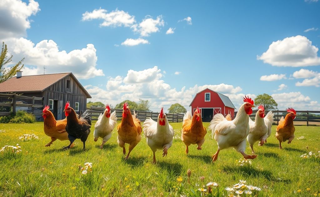 Chickens charging in a playful farm scene