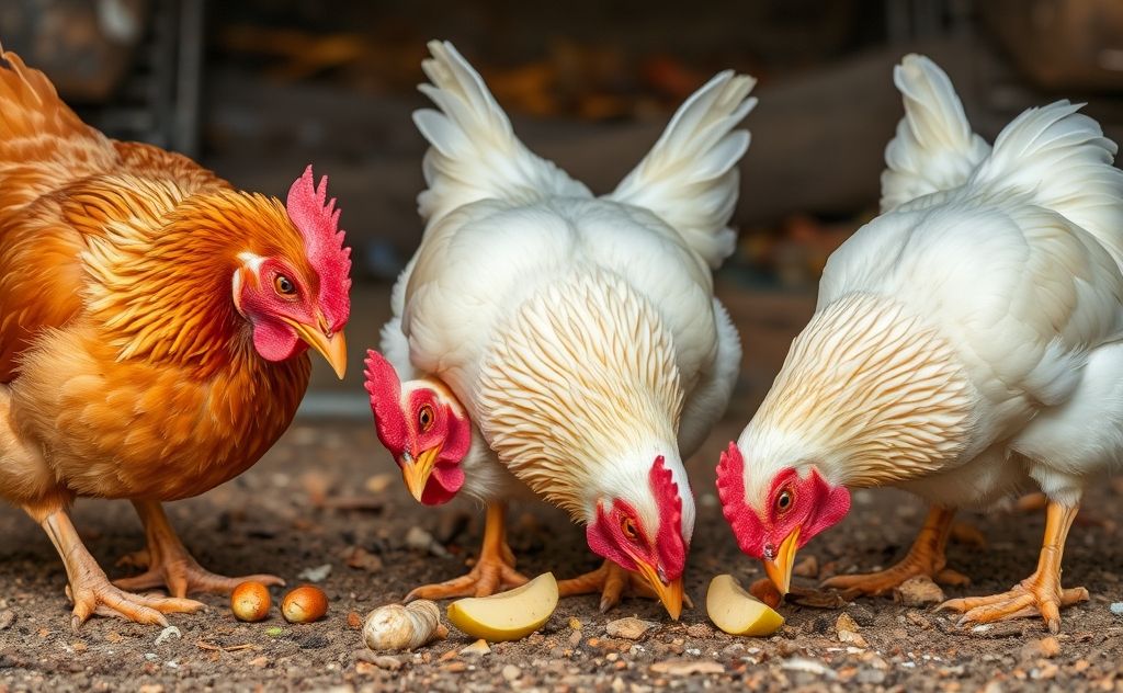 Chickens cleaning beaks on the ground after eating