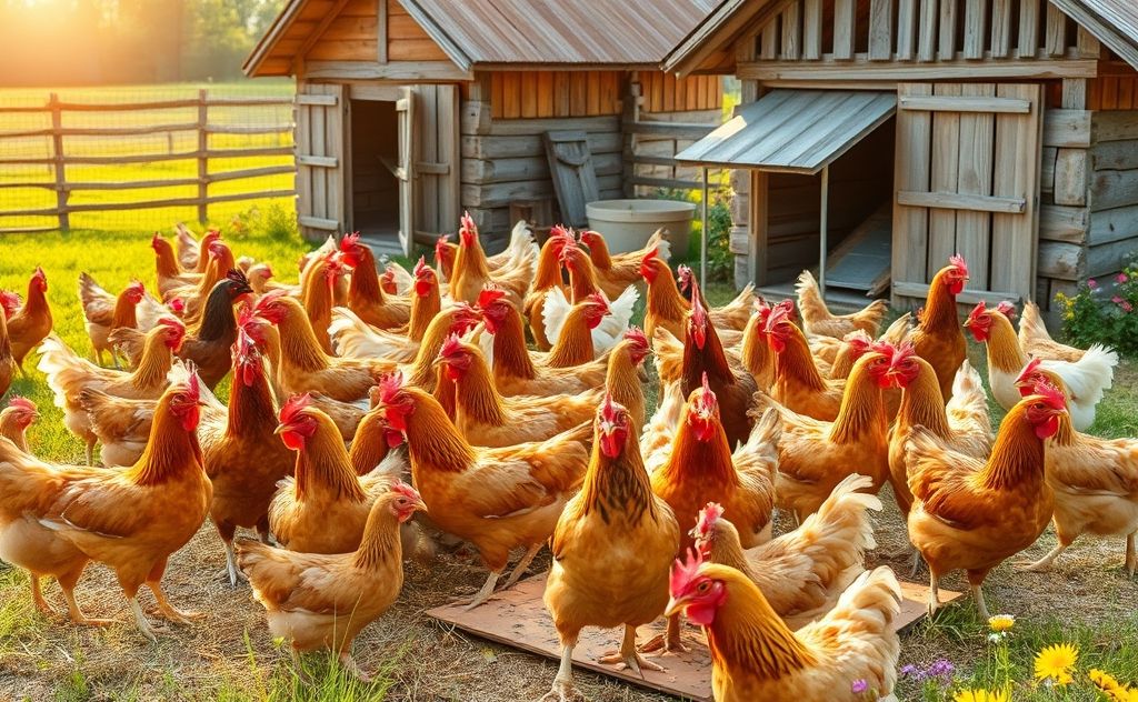 Chickens clucking in a lively farm setting