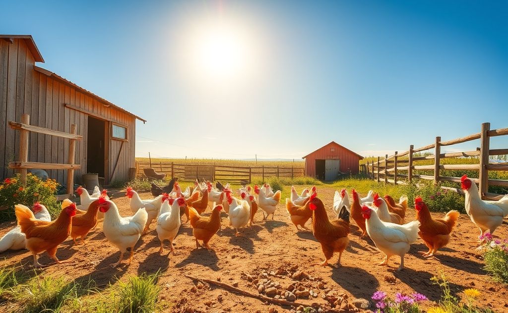 Chickens clucking in a sunny farmyard scene