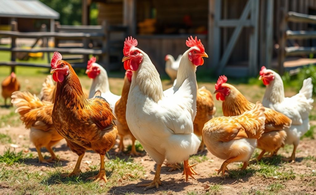 Chickens clucking in a sunny farmyard setting