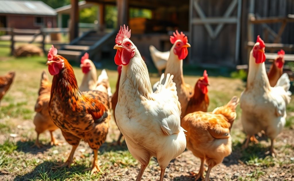 Chickens clucking loudly in a sunny farmyard