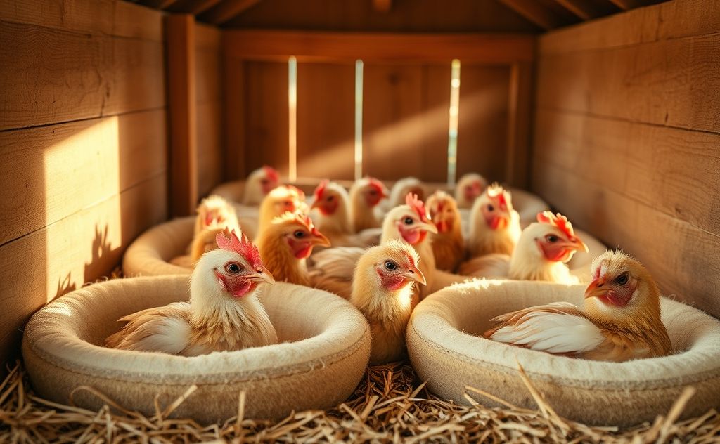 Chickens comfortably laying in cozy nesting boxes