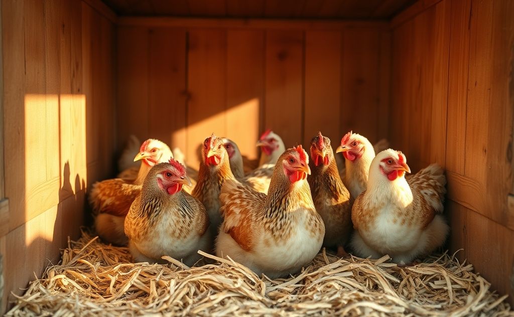 Chickens comfortably settled in a cozy coop