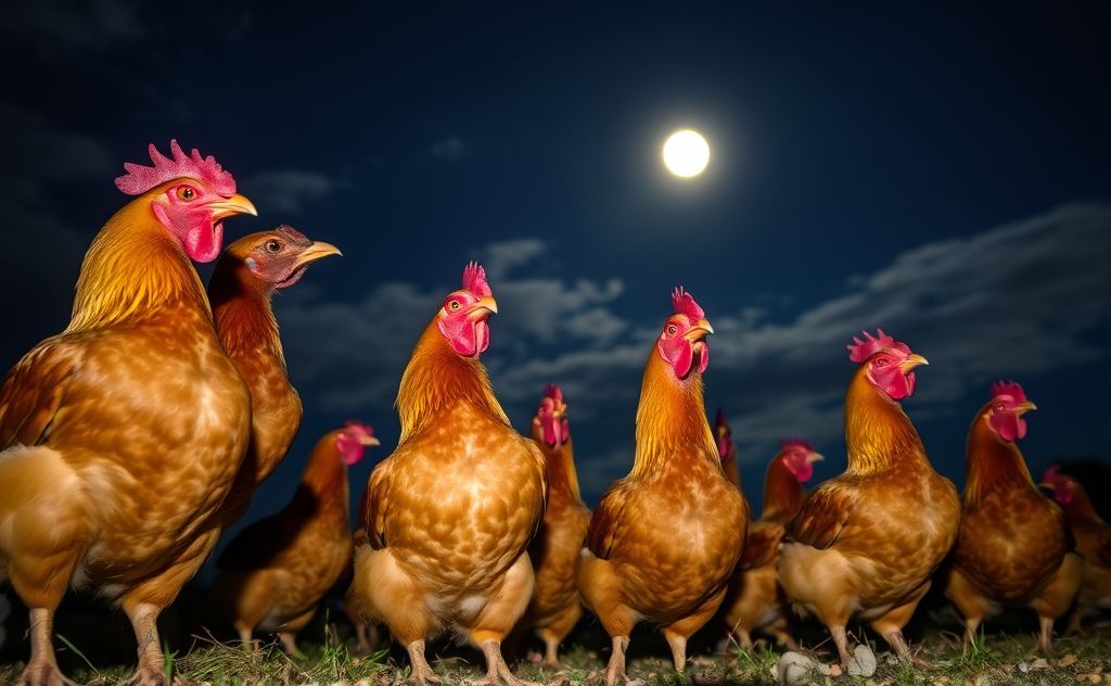 Chickens crowing under a moonlit sky at night