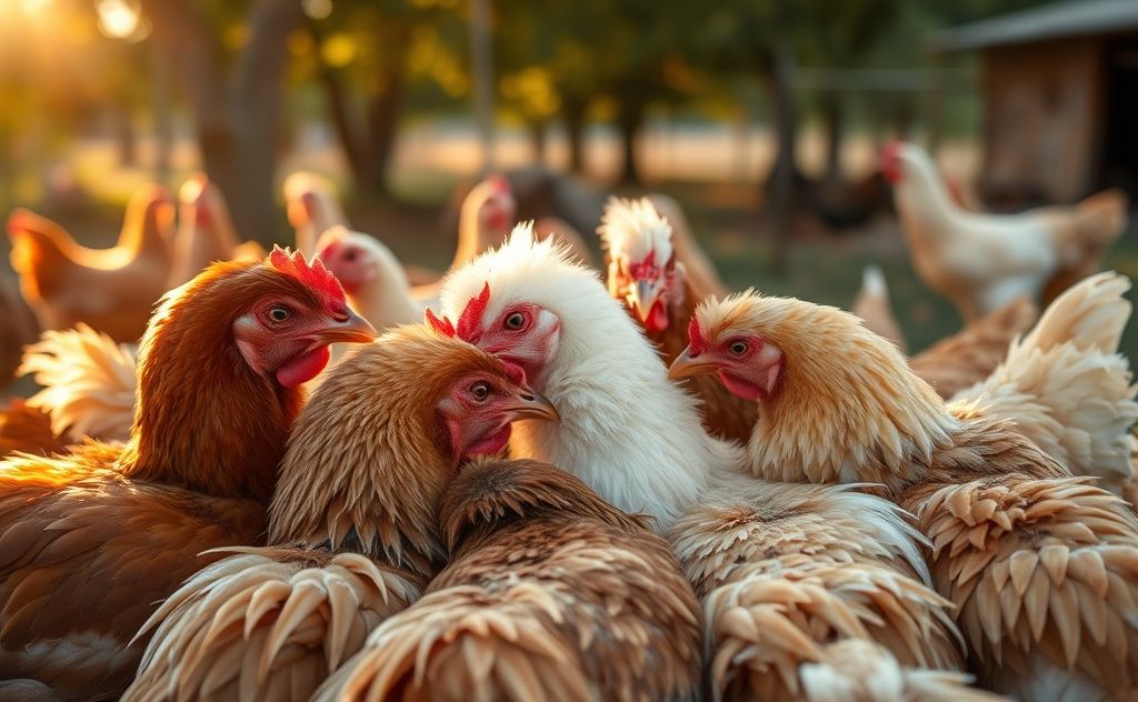 Chickens cuddling and interacting with each other
