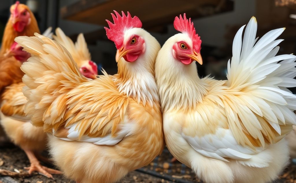 Chickens cuddling and preening each other