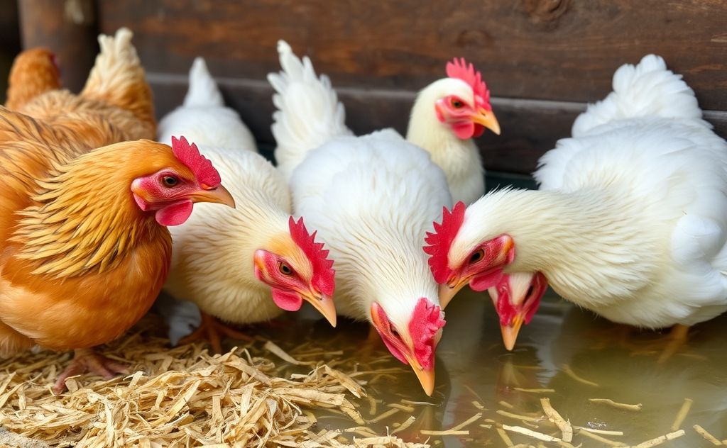 Chickens drinking clean water without shavings