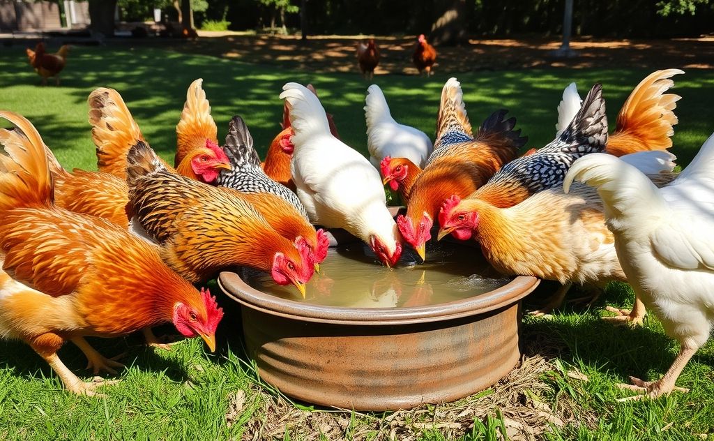 Chickens drinking water from a trough outdoors